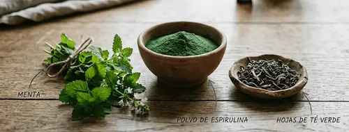 Ingredientes naturales de Corazex: espirulina, toronjil, té verde